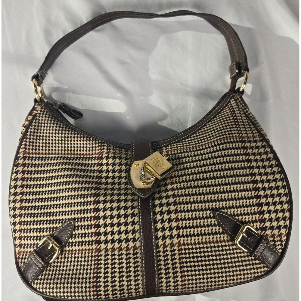 Chaps Houndstooth Plaid Shoulder Bag Purse Brown Padlock Preppy Y2K Academia